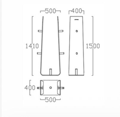 Technical dimension drawing of a metal mounting bracket or stand, showing front, back, and top views with measurements labeled 500, 400, 1410, and 1500.