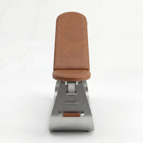 Front view of a designer genuine leather stainless steel exercise bench