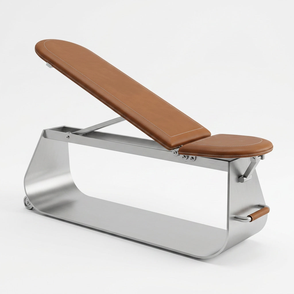 An adjustable luxury stainless steel and genuine leather gym bench