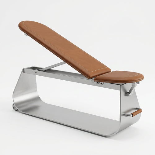 An adjustable luxury stainless steel and genuine leather gym bench