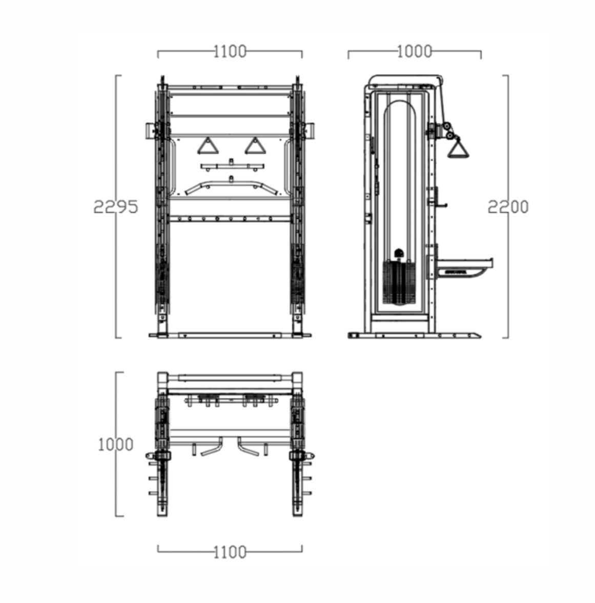 Technical dimension drawing of a cable pulley gym machine, showing front, side, and top-down views with measurements in millimeters on a white background.