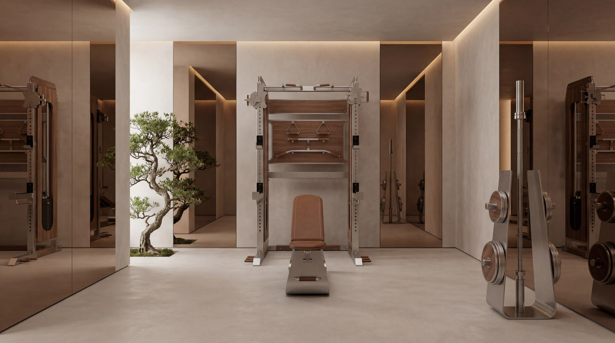 A modern designer luxury wood and stainless steel gym space with high-end gym equipment