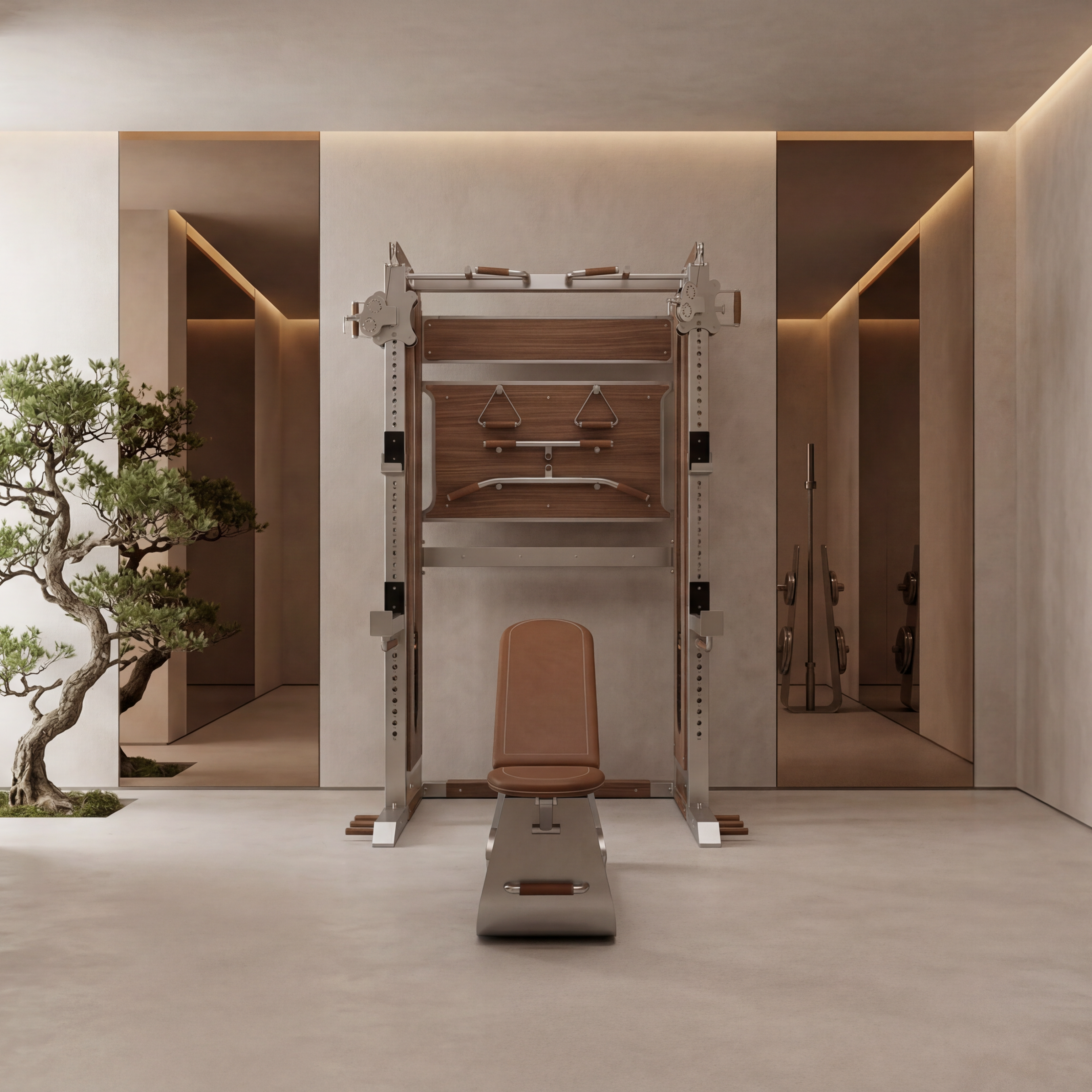 Walnut dual pulley half rack in a luxury home gym paired with a designer gym bench