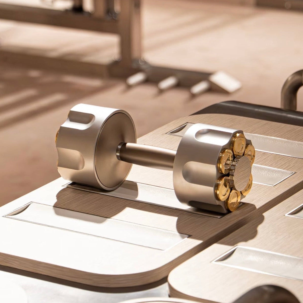 Designer milled stainless steel Revolver Dumbbell with gold cartridges in a luxury gym space