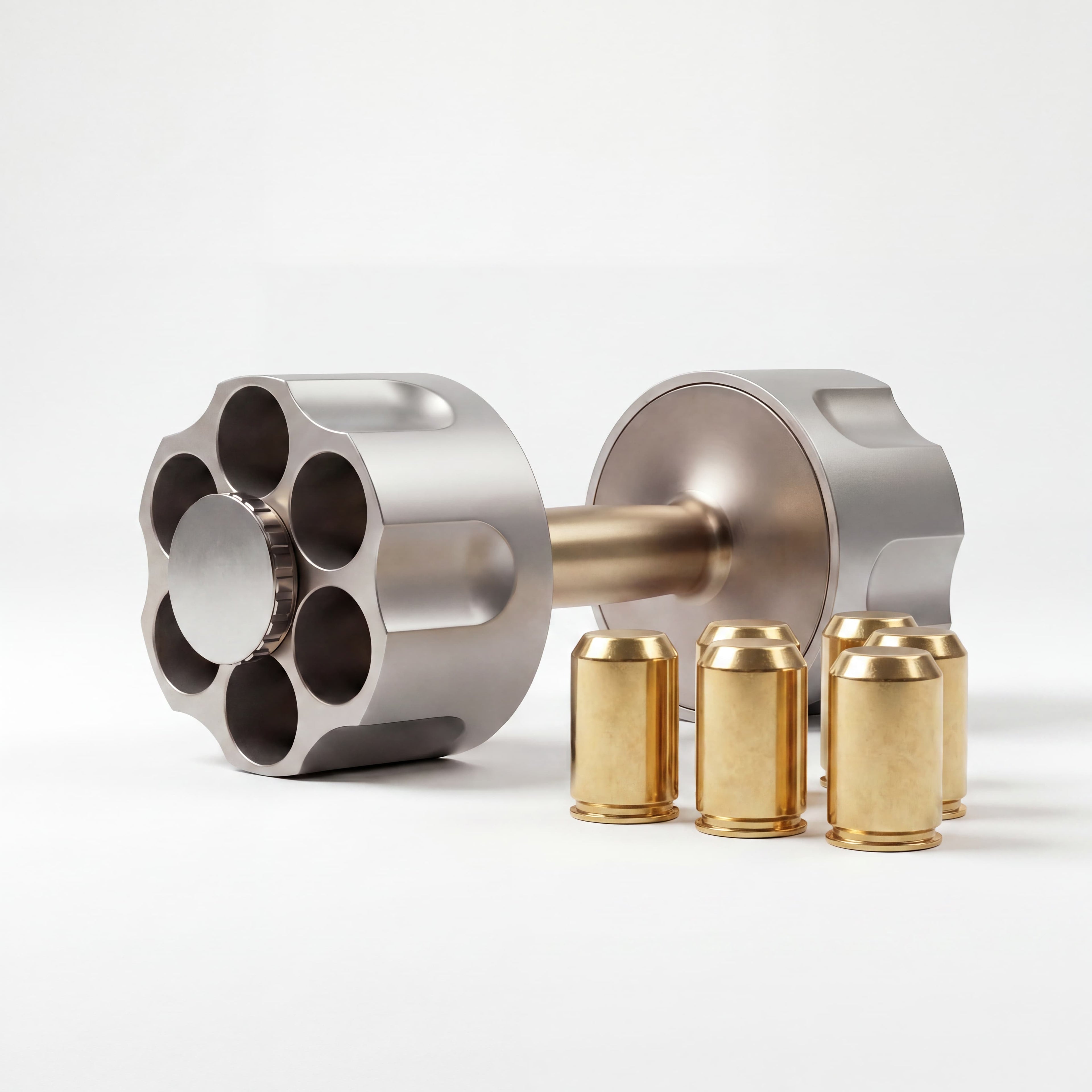 Close-up image of a luxury revolver rotating dumbbell with several  removable brass cartridges