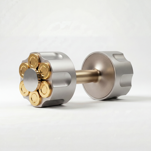 Metallic rotating revolver dumbbell with gold weights on a white background