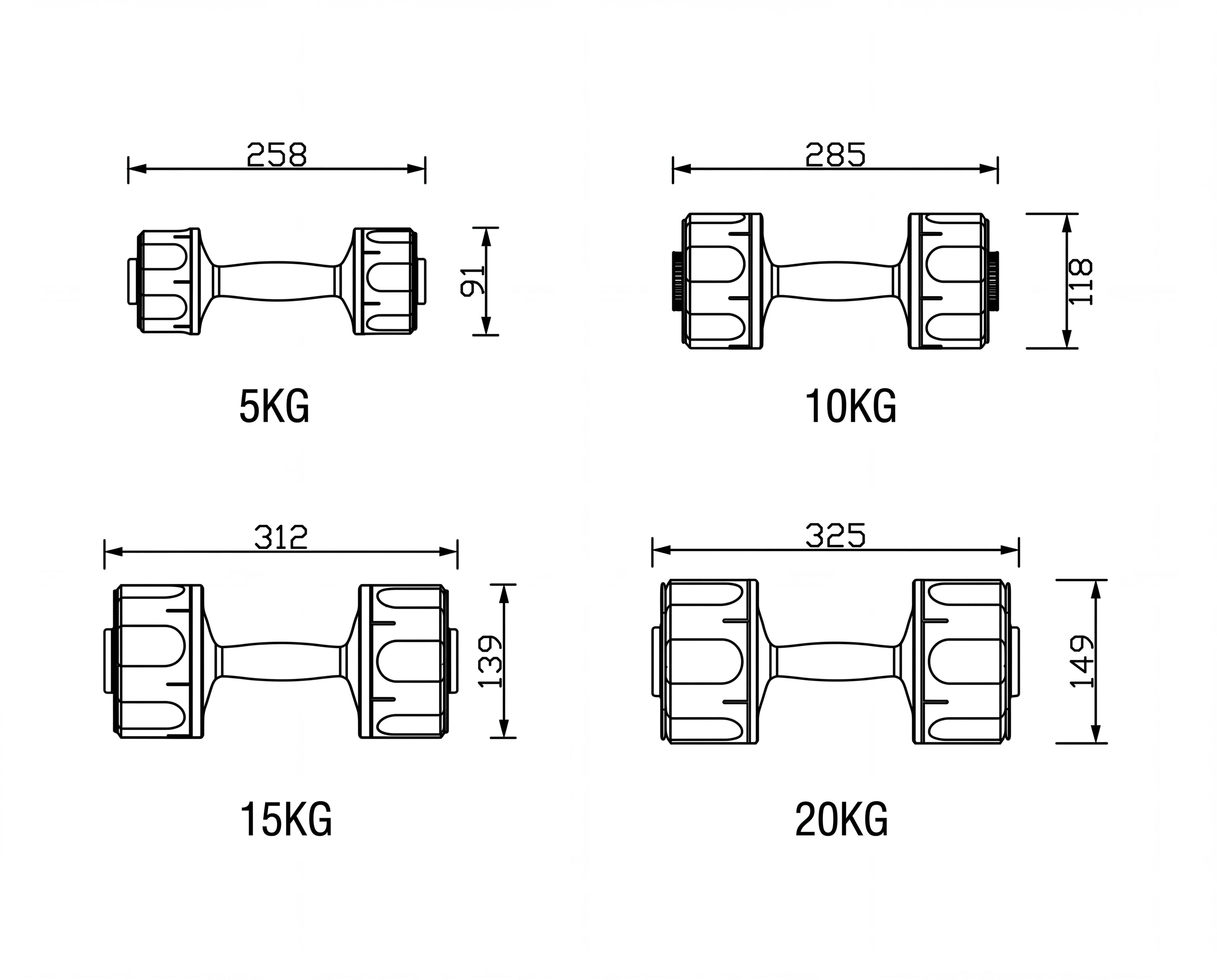 Rotating revolver dumbbell dimensions per weight from 5kg to 20kg