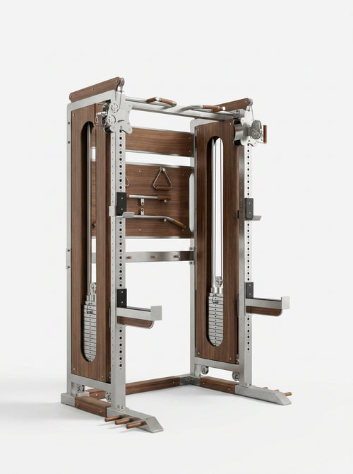 A luxury multi-functional home gym cable with squat and barbell racks. Designed with a dark brown wood-grain finish and silver steel frame components.
