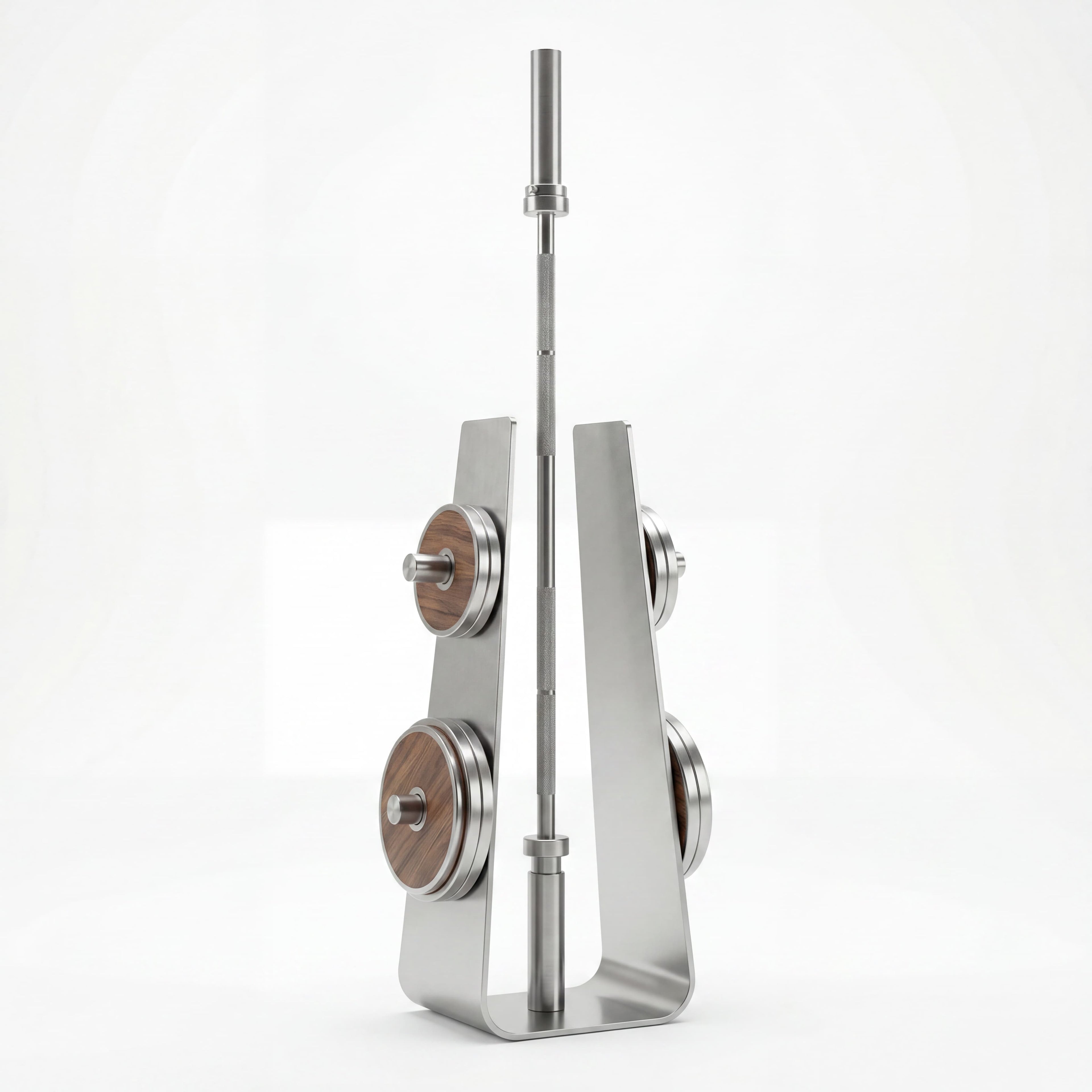 Designer stainless steel weightlifting barbell on a luxury stand with walnut accents