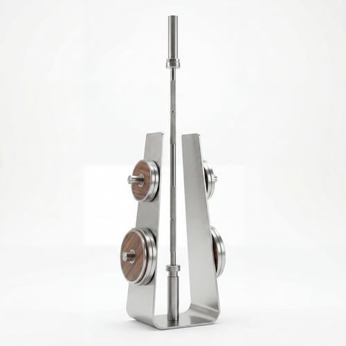 Designer stainless steel weightlifting barbell on a luxury stand with walnut accents